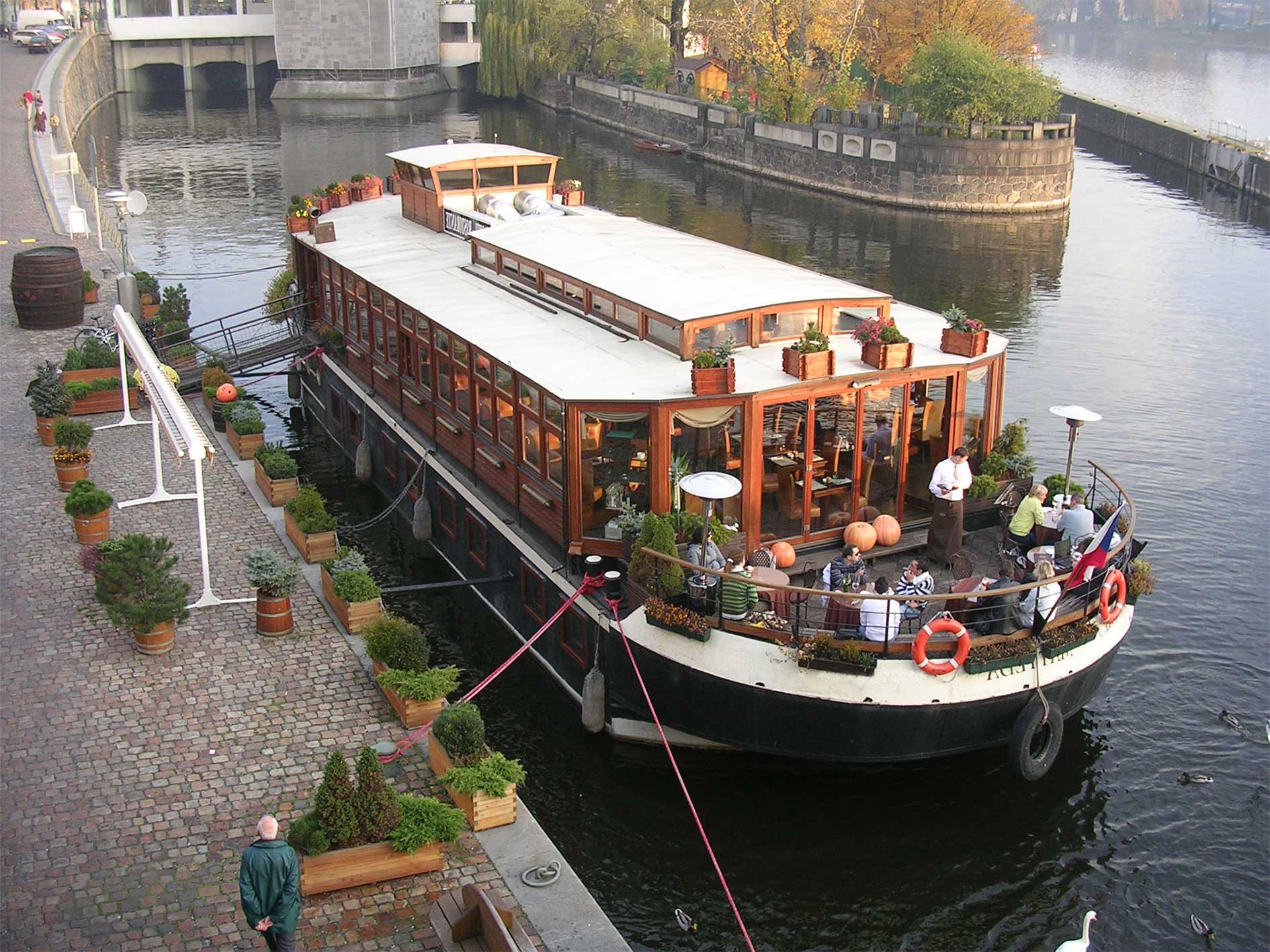 A boat converted into restaurant on Vltava river