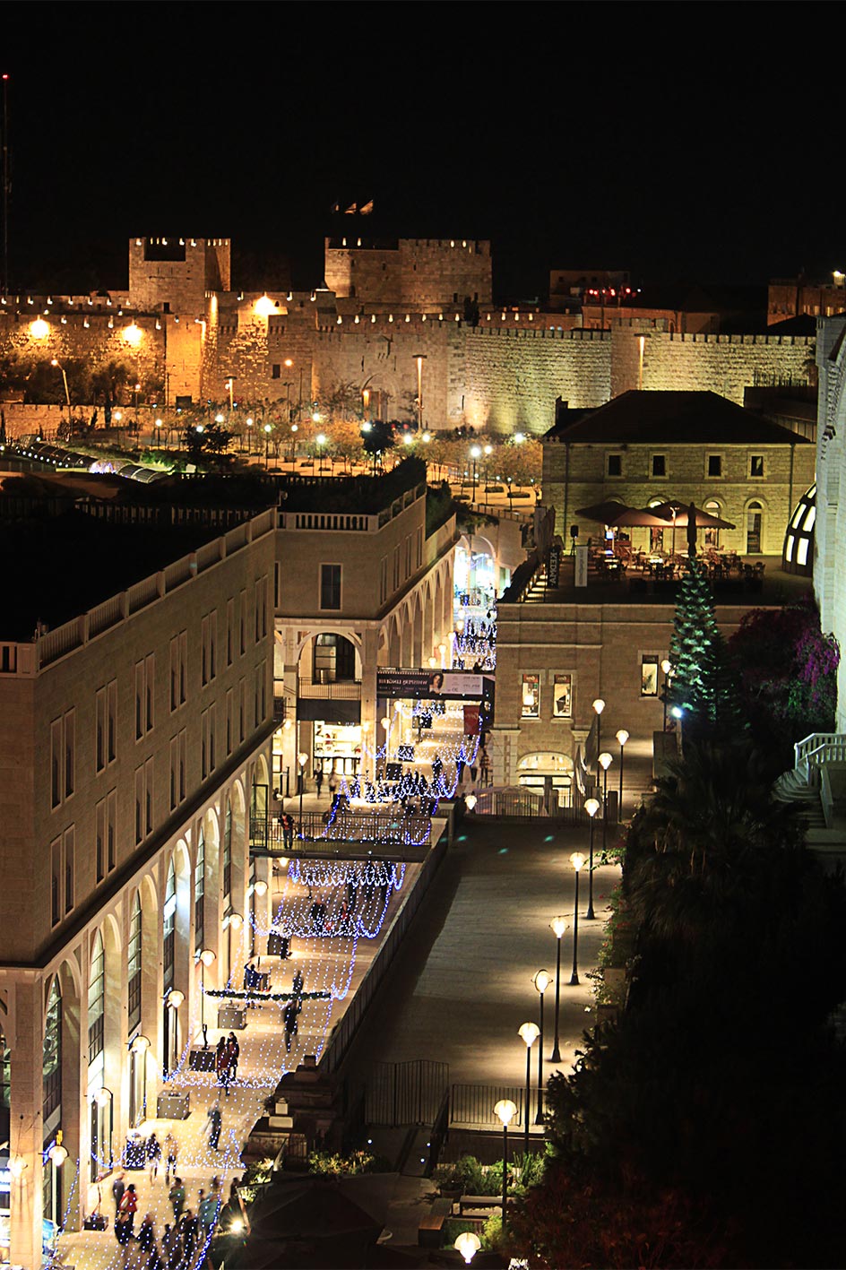 Old city walls and Mamilla at night