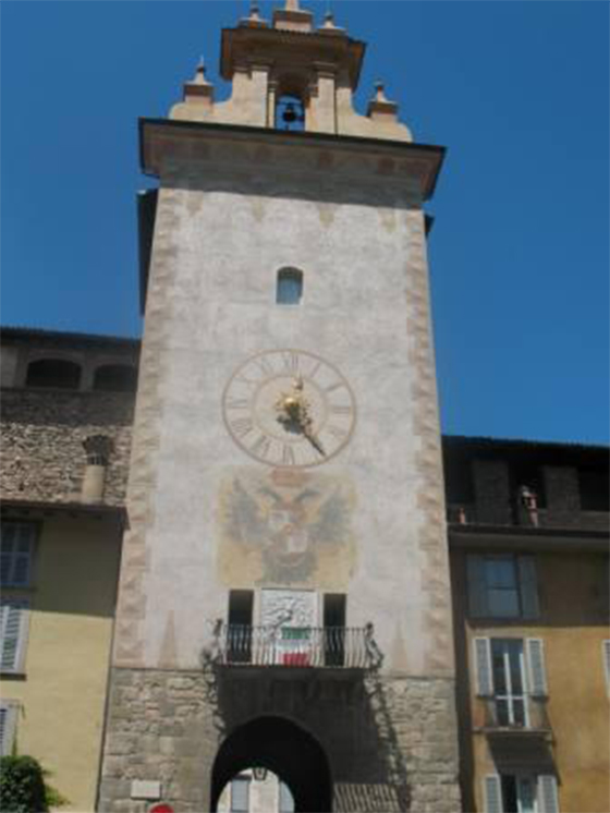 A clock tower in the Old Town of Bergamo
