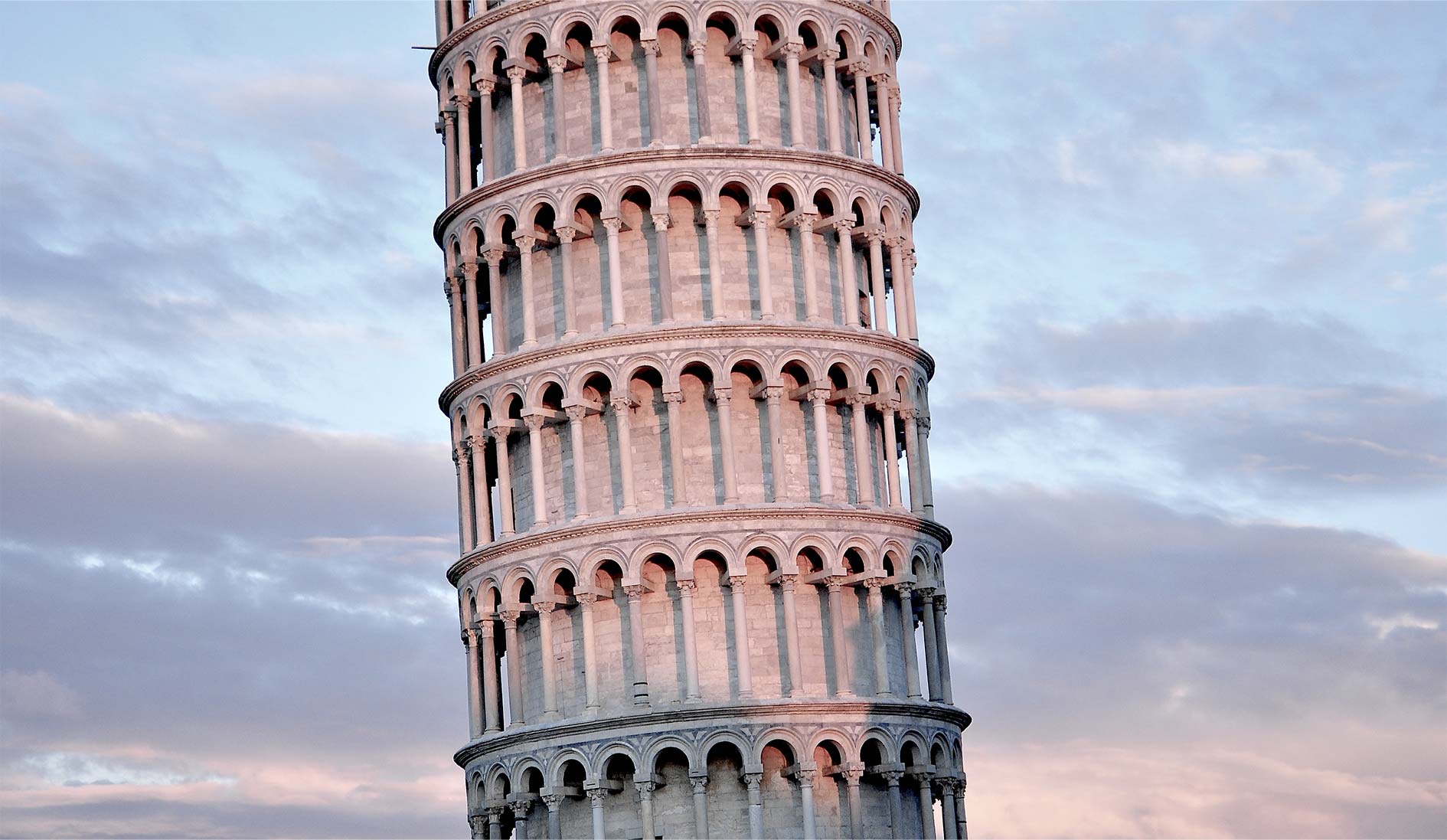 The upper part of the famous leaning tower of Pisa